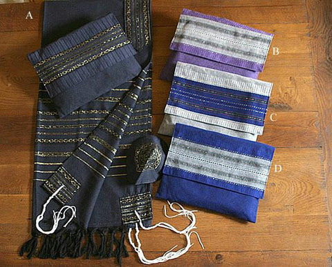 Gabrieli Hand Weaven Cotton Tallits - Gabrieli Hand Weaven Cotton Tallit - Color Strips on Color #4 Design #C 16X74Inches Bar Mitzvah Size