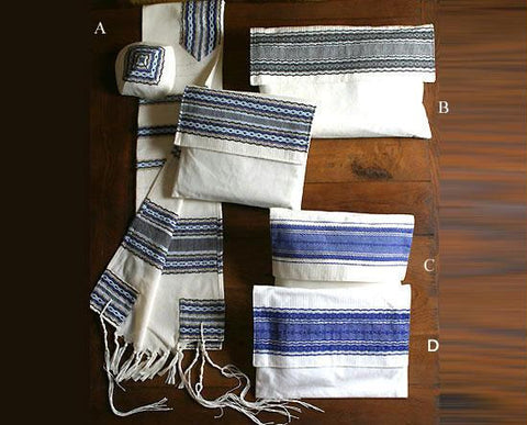 Gabrieli Hand Weaven Cotton Tallits - Gabrieli Hand Weaven Cotton Tallit - Color Strips on White #3 Design #D 16X74Inches Bar Mitzvah Size