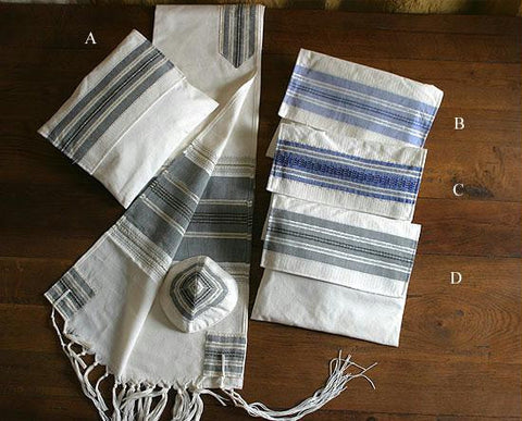 Gabrieli Hand Weaven Cotton Tallits - Gabrieli Hand Weaven Cotton Tallit - Color Strips on White #5 Design #B 20X80Inches Bar Mitzvah Size Add