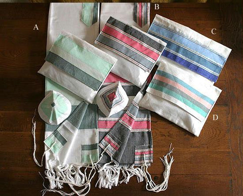 Gabrieli Hand Woven Silk Tallits - Gabrieli Hand Weaven Silk Tallit Colored Stripes on White - Pattern #11 50X60Inches Add