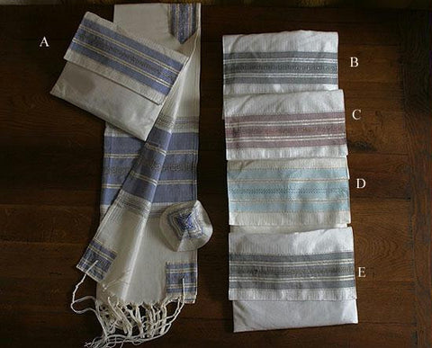 Gabrieli Hand Woven Silk Tallits - Gabrieli Hand Weaven Silk Tallit Colored Stripes on White - Pattern #8