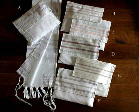 Gabrieli Hand Woven Silk Tallits - Gabrieli Hand Weaven Silk Tallit Stripes on White - Pattern #6 30X80Inches Add Design #A