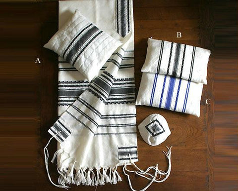 Gabrieli Hand Woven Wool Tallits - Gabrieli Hand Weaven Strips on White Wool Tallit - Pattern # 3 40X80Inches Add Design #A