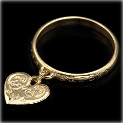 Womens Kabbalah Rings - Gold Kabbalah Ring with Dangling Heart and Diamond for Matchmaking