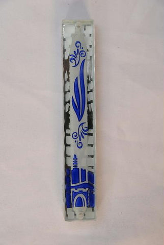 Handmade Glass &amp; Stained Glass Mezuzahs - Glass Mezuzah Case Blue Shin