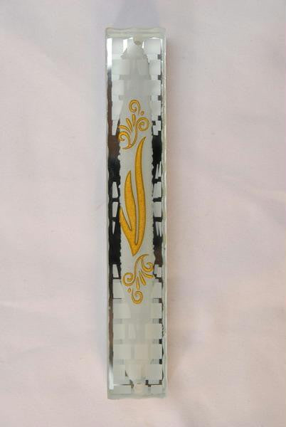 Handmade Glass &amp; Stained Glass Mezuzahs - Glass Mezuzah Case Gold Shin