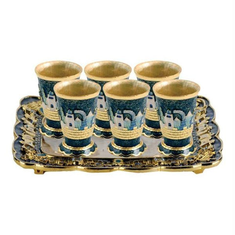 Enameled Brass &amp; Metal Fountain Wine Sets - Jeweled - Tray with 6 Cups Blue