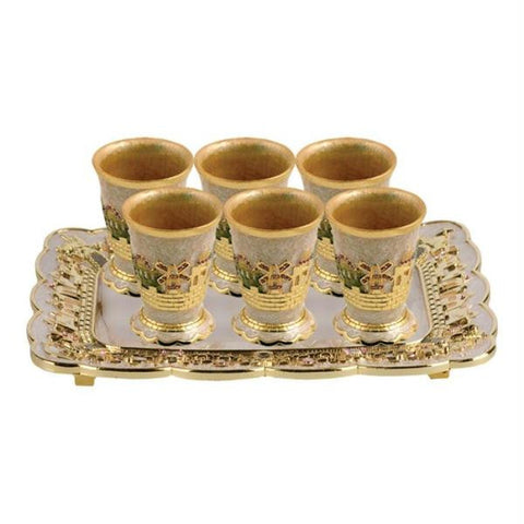 Enameled Brass &amp; Metal Fountain Wine Sets - Jeweled - Tray with 6 Cups Ivory