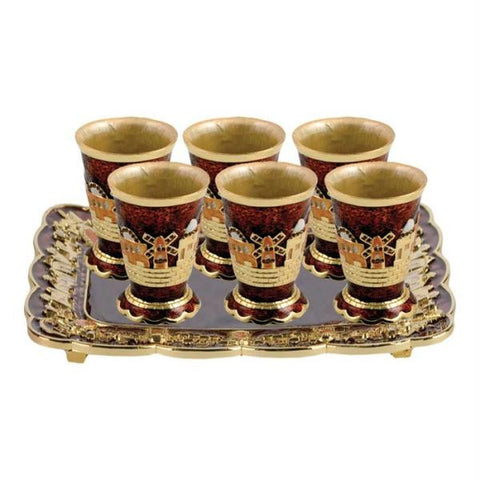 Enameled Brass &amp; Metal Fountain Wine Sets - Jeweled Wine Set - Tray with 6 Cups Brown