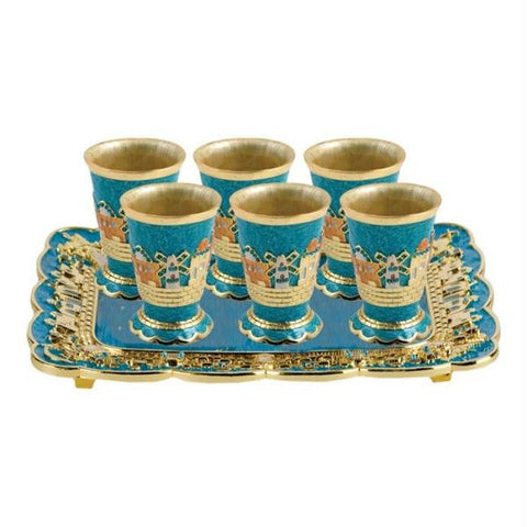 Enameled Brass &amp; Metal Fountain Wine Sets - Jeweled - Tray with 6 Cups Turquoise