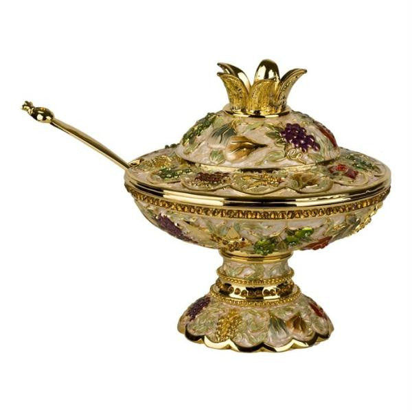 Jeweled, Enameled Honey Dishes - Honey Dish Pomegranate seven spices Ivory