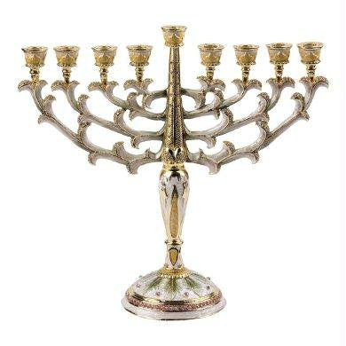 Metal Menorahs - Menorah Chanukkia Ivory &amp; Green with Amber Crystals