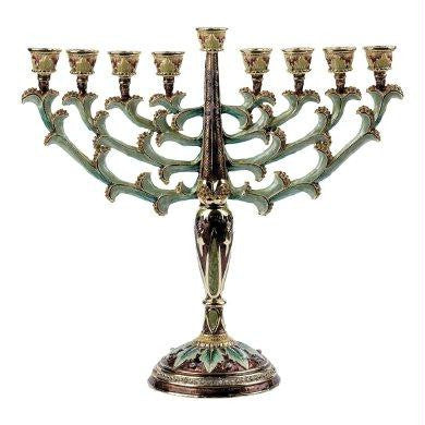 Metal Menorahs - Menorah Chanukkia Brown with Emerald Stones Green Branch