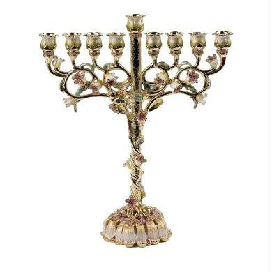 Metal Menorahs - Menorah Chanukkia Ivory &amp; Green with Amber Crystals