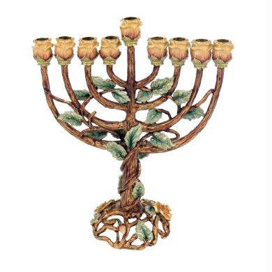 Metal Menorahs - Menorah Chanukkia Brown with Emerald Stones Green Leafs