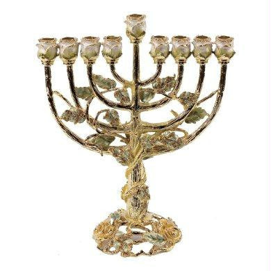 Metal Menorahs - Chanukkia Ivory &amp; Green with Amber Crystals