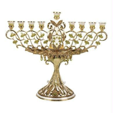 Metal Menorahs - Chanukkia Ivory &amp; Green with Amber Crystals