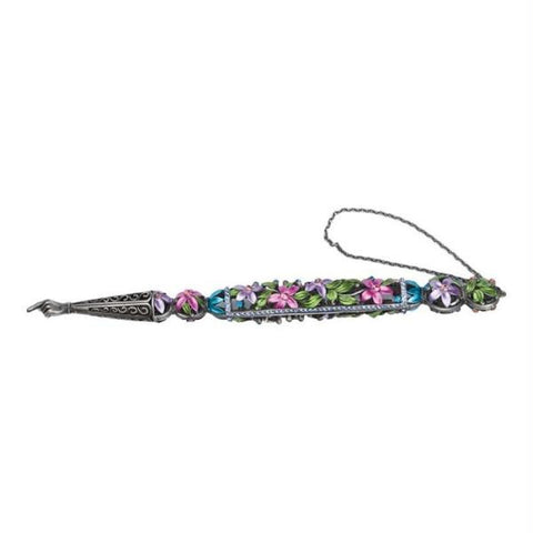 Metal, Aluminum Torah Pointers (Yads) - Torah Pointer Yad with Flowers and Pink Crystals