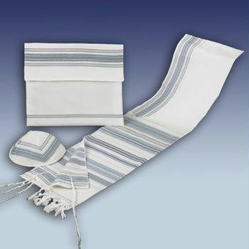 Bar Mitzvah Tallits - Grey Silver &quot;Bnei Ohr&quot; Wool Talit, Kipa &amp; Bag 18*72 Inches (Bar Mitzvah Boy)