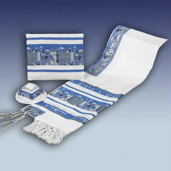 Bar Mitzvah Tallits - Blue Jerusalem Dacron Wool Talit &amp; Bag 18*72 Inches (Bar Mitzvah Boy)