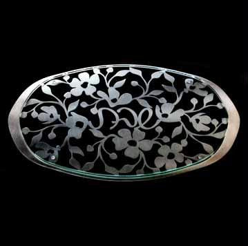 Aluminum,Brass Challah Board - White Rose Clear Glass Lasercut Stainless Steel Tray