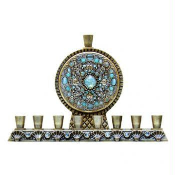 Menorahs by Michal Golan - Pacific Opal Blue Menorah with Tranquil Cat's Eye