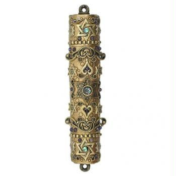 Handmade Mezuzahs by Michal Golan - Menorah Copper-Hued Scroll with Semiprecious Stone