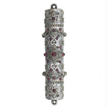 Handmade Mezuzahs by Michal Golan - Mezuzah Eye-Catching Silver Scroll with Contrasting Maroon