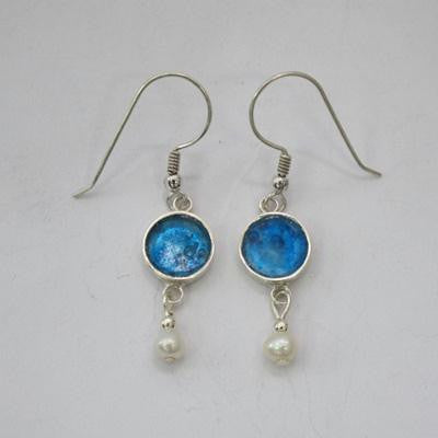 Handmade Roman Glass Earrings - Sterling Silver Round Dangling Earrings with Pearls