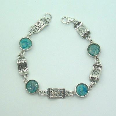 Unique Modern Roman Glass Bracelets - Silver Bracelet with 4 Round Pieces Ancient Roman Glass