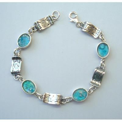 Unique Modern Roman Glass Bracelets - 925 Silver Bracelet with 4 Oval pieces Ancient Roman Glass