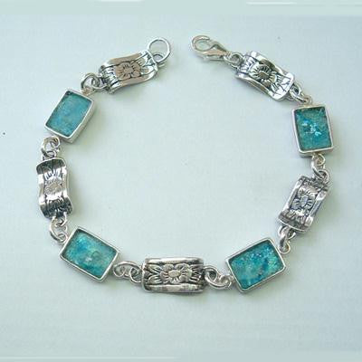 Unique Modern Roman Glass Bracelets - Sterling silver bracelet with 4 Rectangle pieces Genuine Roman Glass