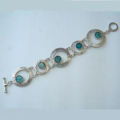 Unique Modern Roman Glass Bracelets - Hammered Sterling Silver Varied Circles Set with Ancient Roman Glass