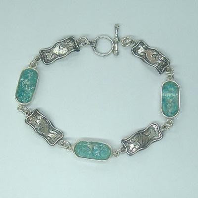 Unique Modern Roman Glass Bracelets - sterling silver bracelet with 3 pieces of oblong Roman glass