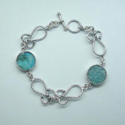 Unique Modern Roman Glass Bracelets - Roman glass bracelet with designer ethnic style sterling silver links