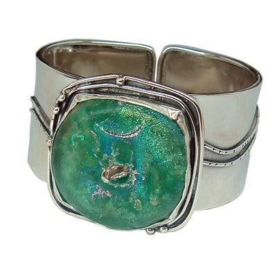 Traditional Design Roman Glass Bracelets - Silver Designer Handmade Roman Glass Wide Cuff Bracelet with Side Accents