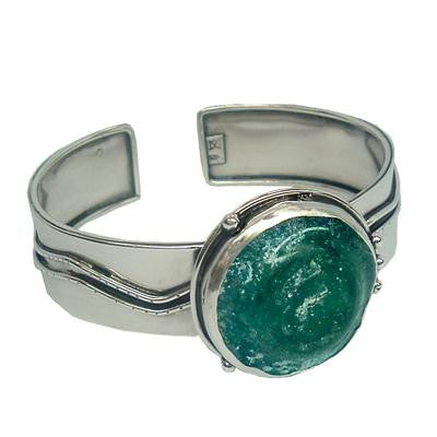 Traditional Design Roman Glass Bracelets - Unique Sterling Silver Round Ancient Roman Glass Cuff Bracelet