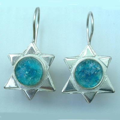 Handmade Roman Glass Earrings - Triangles Sterling Silver Star of David Roman Glass Earrings