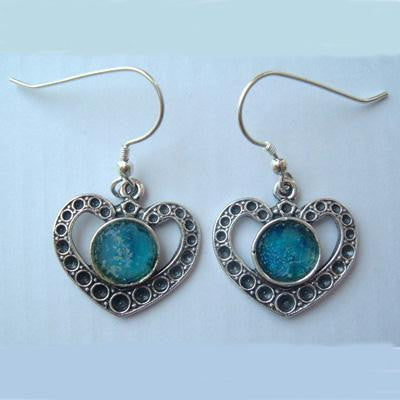 Handmade Roman Glass Earrings - Heart and Circles Sterling Silver Roman Glass Earrings