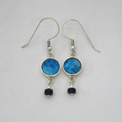 Handmade Roman Glass Earrings - Sterling Silver Round Dangling Earrings with Demorterite