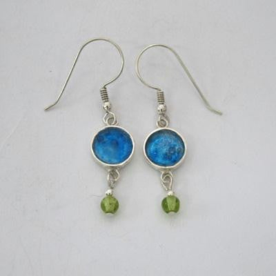 Handmade Roman Glass Earrings - Sterling Silver Round Dangling Earrings with Peridot