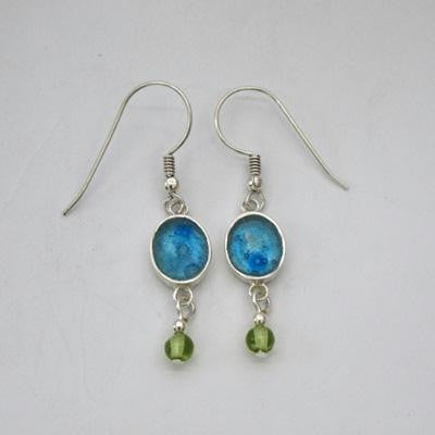 Handmade Roman Glass Earrings - Sterling Silver Oval Dangling Roman Glass Earrings with Peridot