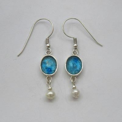 Handmade Roman Glass Earrings - Sterling Silver Oval Dangling Roman Glass Earrings with Pearls