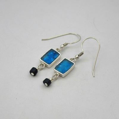 Handmade Roman Glass Earrings - Sterling Silver Rectangular Dangling Roman Glass Earrings with Demorterite