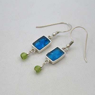 Handmade Roman Glass Earrings - Sterling Silver Rectangular Dangling Roman Glass Earrings with Peridot