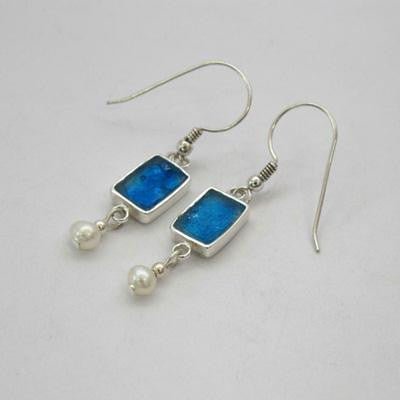 Handmade Roman Glass Earrings - Sterling Silver Rectangular Dangling Roman Glass Earrings with Pearls