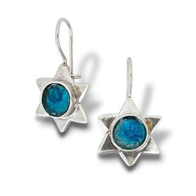 Handmade Roman Glass Earrings - Sterling Silver Ancient Roman Glass Star of David Earrings