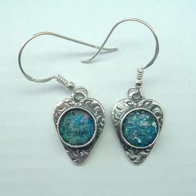 Handmade Roman Glass Earrings - Sterling Silver Heart Shaped Ancient Roman Glass Earrings