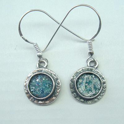 Handmade Roman Glass Earrings - Hammered Round Sterling Silver Ancient Roman Glass Earrings