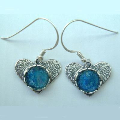 Handmade Roman Glass Earrings - Heart Shaped Roman Glass Sterling Silver Earrings